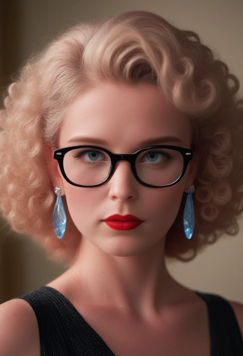 Slightly curly hair, rimless glasses, small spots under the corners of the mouth, / {{note lilac earrings, slightly closed mouth, red lips, Surrealism, High detail, strong chiaroscuro, film grain, panorama, Ultra high resolution, accurate, Textured leather.