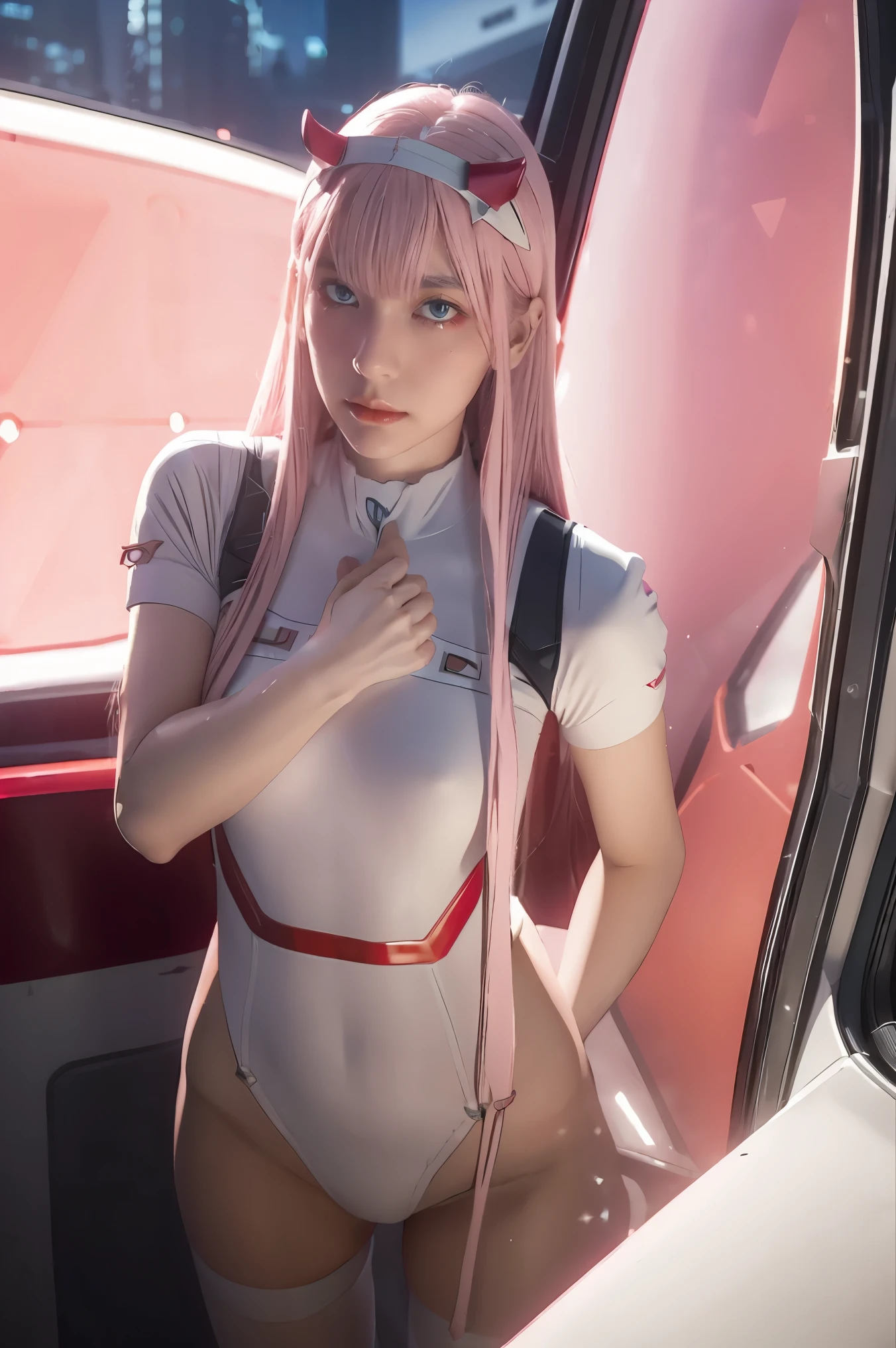 dynamic angle,ultra-detailed, illustration, straight on, 1girl, ((Zero two, interface headband with a pair of horns, red bodysuit:1.4, pink hair)), Her eyes shone like dreamy stars,(glowing eyes:1.233),(beautiful and detailed eyes:1.1),(expressionless, closed mouth),(standing), (mechanic room with tools and spaceship window in a white SPACESHIP), (night:1.2), dreamy, [[delicate fingers and hands:0.55]::0.85],(detail fingers), smirk,