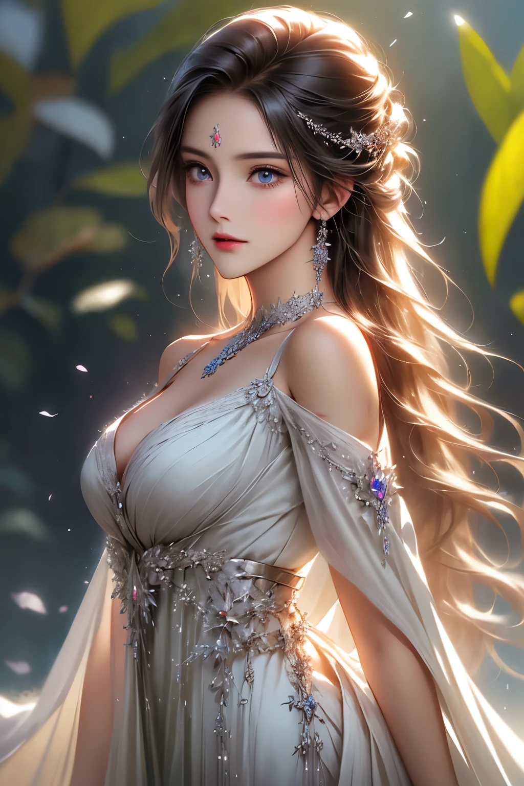 ultra realistic 8k cg, picture-perfect face, flawless, clean, masterpiece, professional artwork, famous artwork, cinematic lighting, cinematic bloom, perfect face, beautiful face, beautiful eyes, fantasy, dreamlike, unreal, science fiction, huge breasts, beautiful clothes, lace, lace trim, lace-trimmed legwear, absurdly long hair, very long hair, (rich:1.4), prestige, luxury, jewelry, diamond, gold, pearl, gem, sapphire, ruby, emerald, intricate detail, delicate pattern, charming, alluring, seductive, erotic, enchanting, hair ornament, necklace, earrings, bracelet, armlet,
((1girl, ))
<lora:DA_LightGoddess:0.8>