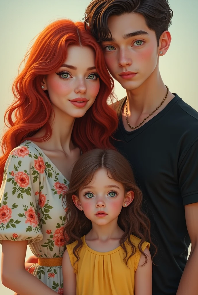 (best qualityer)), ((work of art)), (detailded), a woman with strawberry blonde hair, amber eyes, wearing a beautiful, elegant and comfortable dress with her firstborn son with green eyes and strawberry blonde hair and an extremely handsome man with a tanned body, green eyes, short, wavy black hair, holding his youngest daughter, a small baby, beautiful just like her father. A family couple with two children, big and small. 