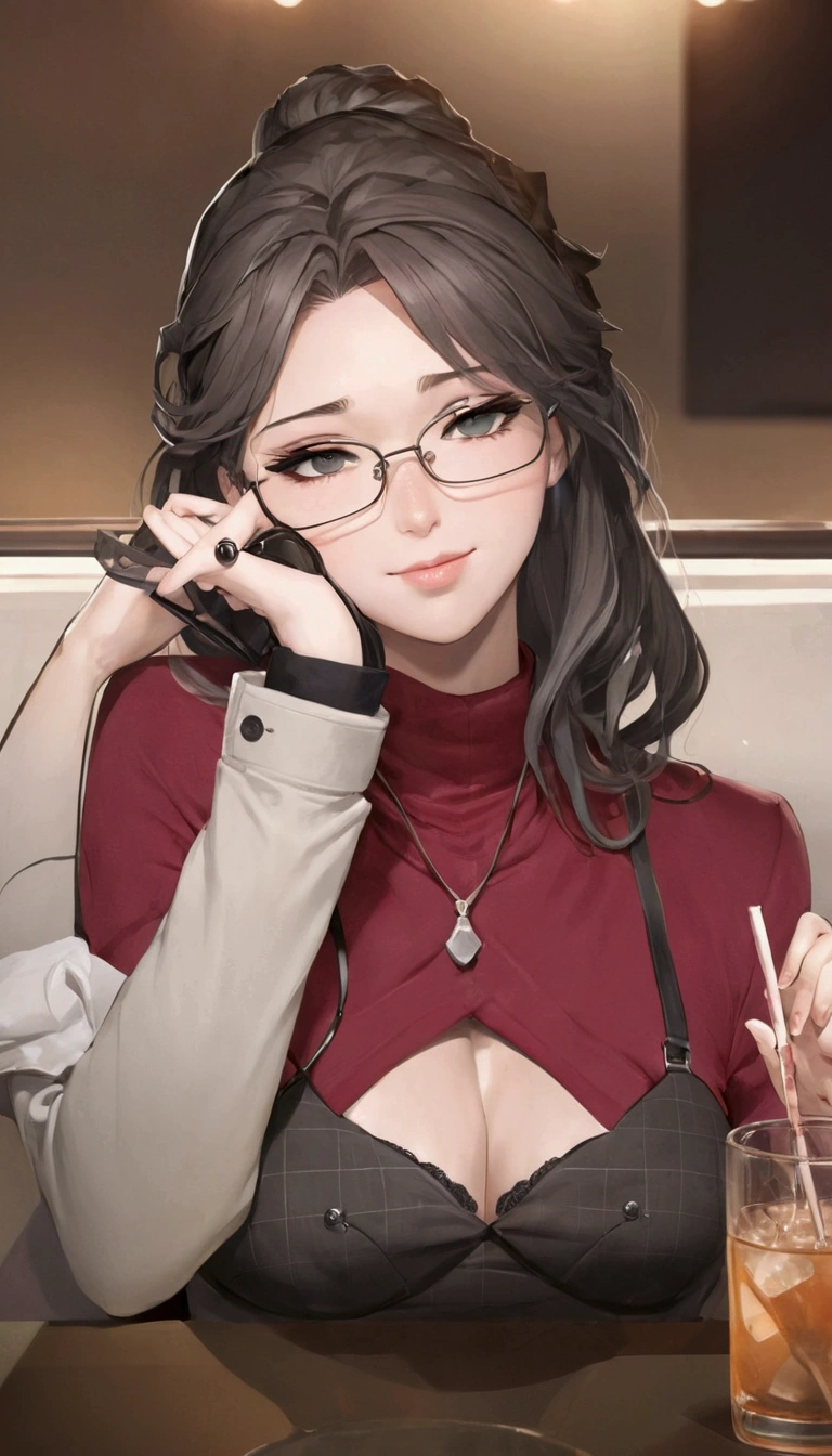 A photo of a young, nerdy woman sitting face down in a cafe, wearing a white shirt, surrounded by a welcoming environment, gazing at viewer. shorth hair, black hair with red highlights, Red lips, flirting with the camera