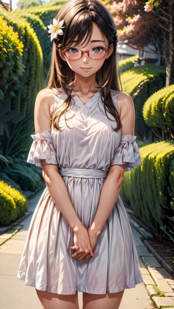 a beautiful japanese village girl, namanya arumi, simple, polite, transparant dress, graceful, shoulder-length hair, glasses, beautiful, coy, solo, high resolution, accurate, correct, best quality, detailed, long hair, breasts, blush, light smile, flower on head, bokeh