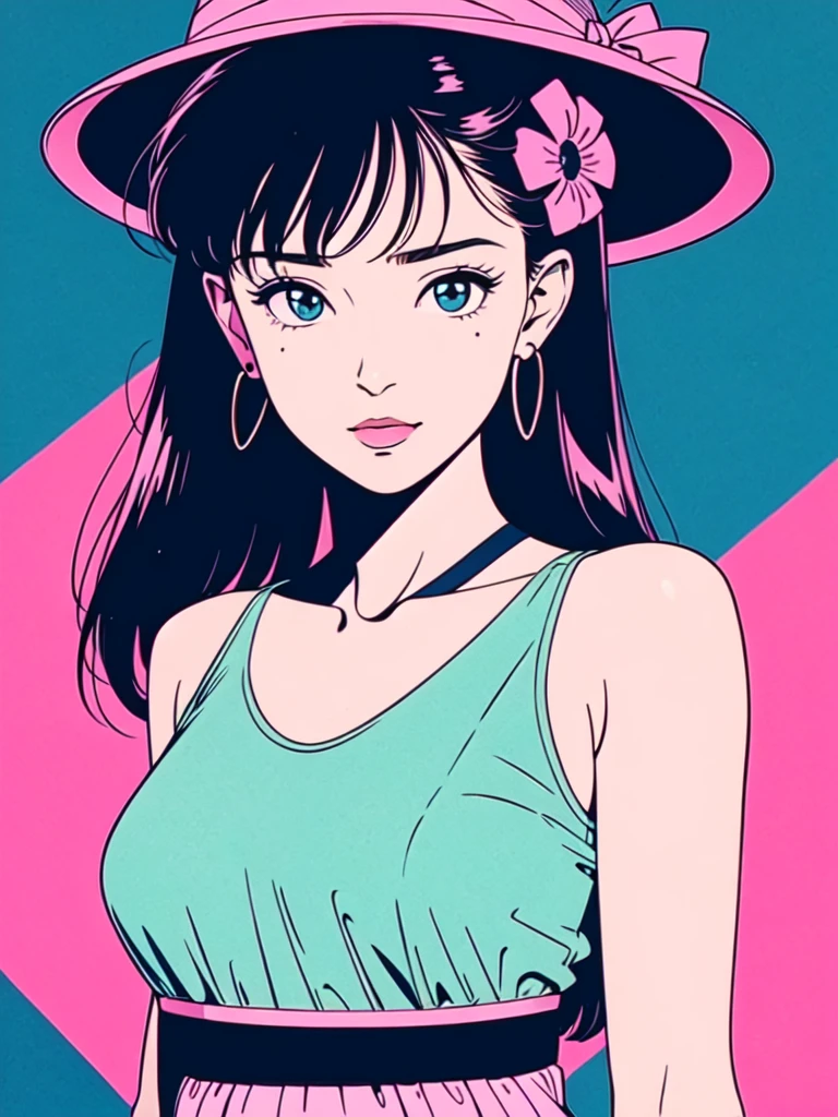 (80s, magazine cover, no text, pop art), (masterpiece, best quality, 4K), (anime, illustration, sharp image), (colorful, bright colors). Playful pose of ****ung woman. She is very happy. Vintage fashion. 1980s anime aesthetics. Elegant. Highly detailed face. Very cute face. Highly detailed clothing. summer vibes. Long Pink hair. She wears a stylish hat. floppy hat. Summer Vibes. complete upper body. Only 1 Girl.