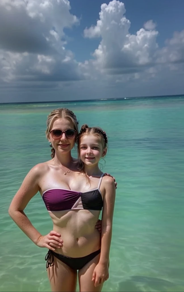 2heads, two headed girl, mom and daughter, (one head adult:1.5), (one head young child:1.5)