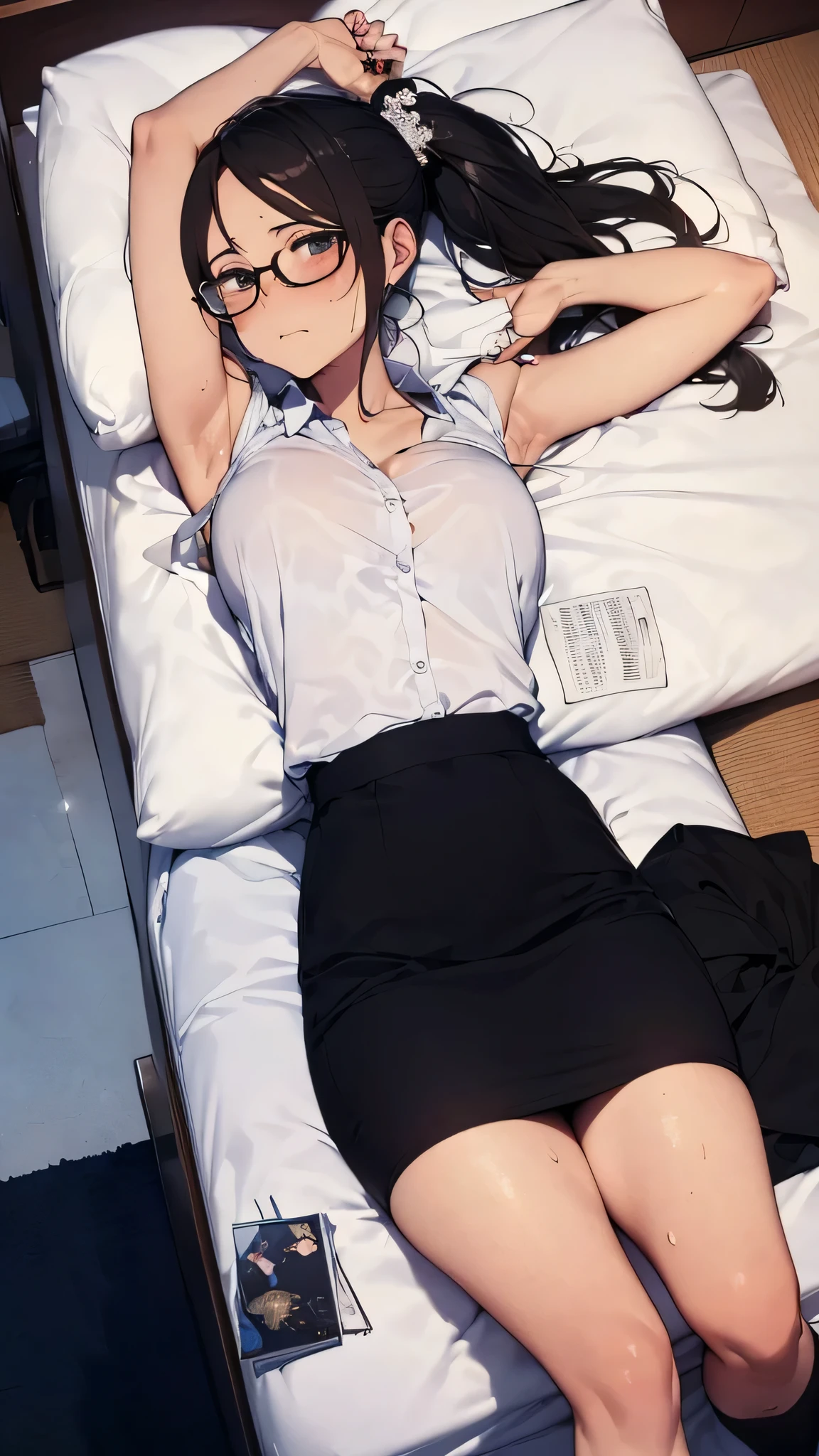 (view from back) woman Lying on stomach with hands propping up head, (shirt, tie, pants:0.5) (detailed realistic face), (((hyperdetailed))), zoomed out, symmetrical face, detailed pupil, expressive eyes, makeup, real photography, modern look, Real photography (Realisitc:1.5), han Sooyoung 
