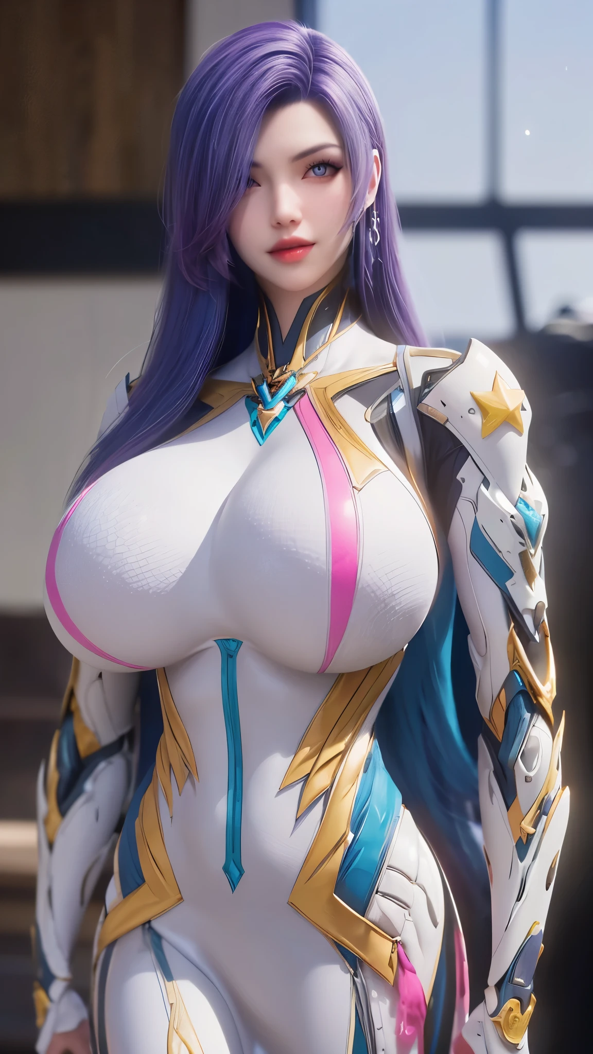 A beauty girl with (blue pink multiple color long hair:1.5), 1GIRL, CLOSE UP UPPER BODY, COWBOY SHOT PORTRAIT, (MECHA GOLDEN DRAGON HEAD ACCESORIES:1),((HUGE FAKE BREASTS:1.5)), (11 line ABS:1.3), ((MECHA GUARD ARMS,Light Emitting Diode BODY:1.1)), (PURPLE SHINY STELLAR STAR MECHA ARMOR OVERWATCH,WHITE SKINTIGHT MECHA ARMOUR SUIT:1.5), (PERFECT THICK BODY, GLOWING BODY SKIN:1.1), (LOOKING AT VIEWER:1.6), (HALLWAY OF FUTURISTIC SPACE STATION:1), (BRIGHT LIGHT WHITE_ROOM:1.3), HYPER TEXTURE, UNREAL ENGINE RENDER, PHYSICALLY-BASED RENDERING, ULTRA HIGHT DEFINITION, 16K, DSLR, 1080P.