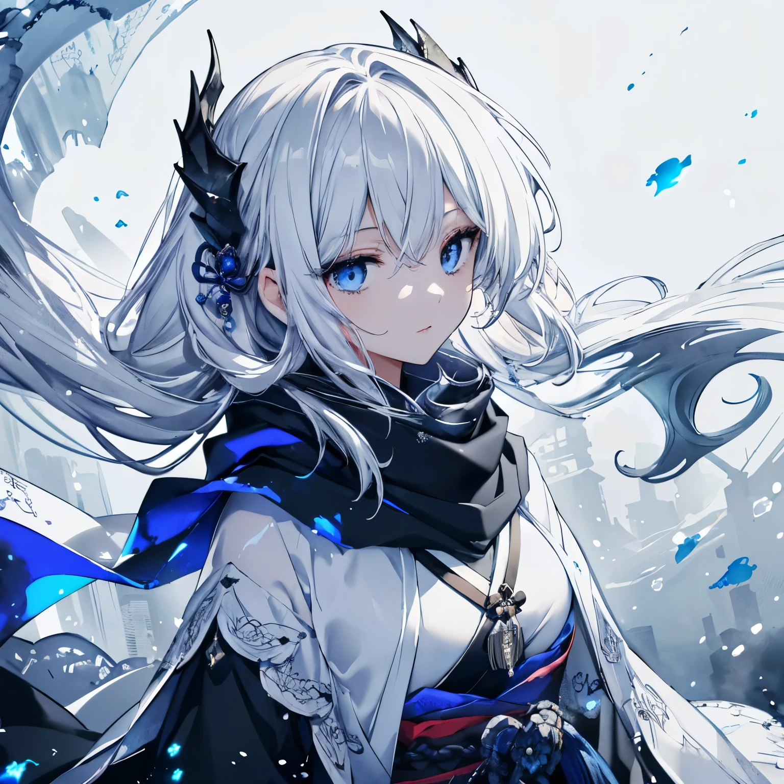 high quality, masterpiece, Delicate hair, Delicate eyes, Delicate hair, ((masterpiece, 最high quality)), high quality, masterpiece, Delicate hair, Delicate eyes, One girl,(White Hair)),blue eyes,Daikon,Long Hair,Dragon Horn,(Japanese sword),(loose Long Hair),((Black Cape)),(Two-Way),scarf,Sword Master, Blue moon floating in the sky,night,Floating blue flowers fall,Upper body remains,Strong Shadows,Ash,,ice,((Ink wAsh painting)),((ink splAshing)),((color splAshing)),