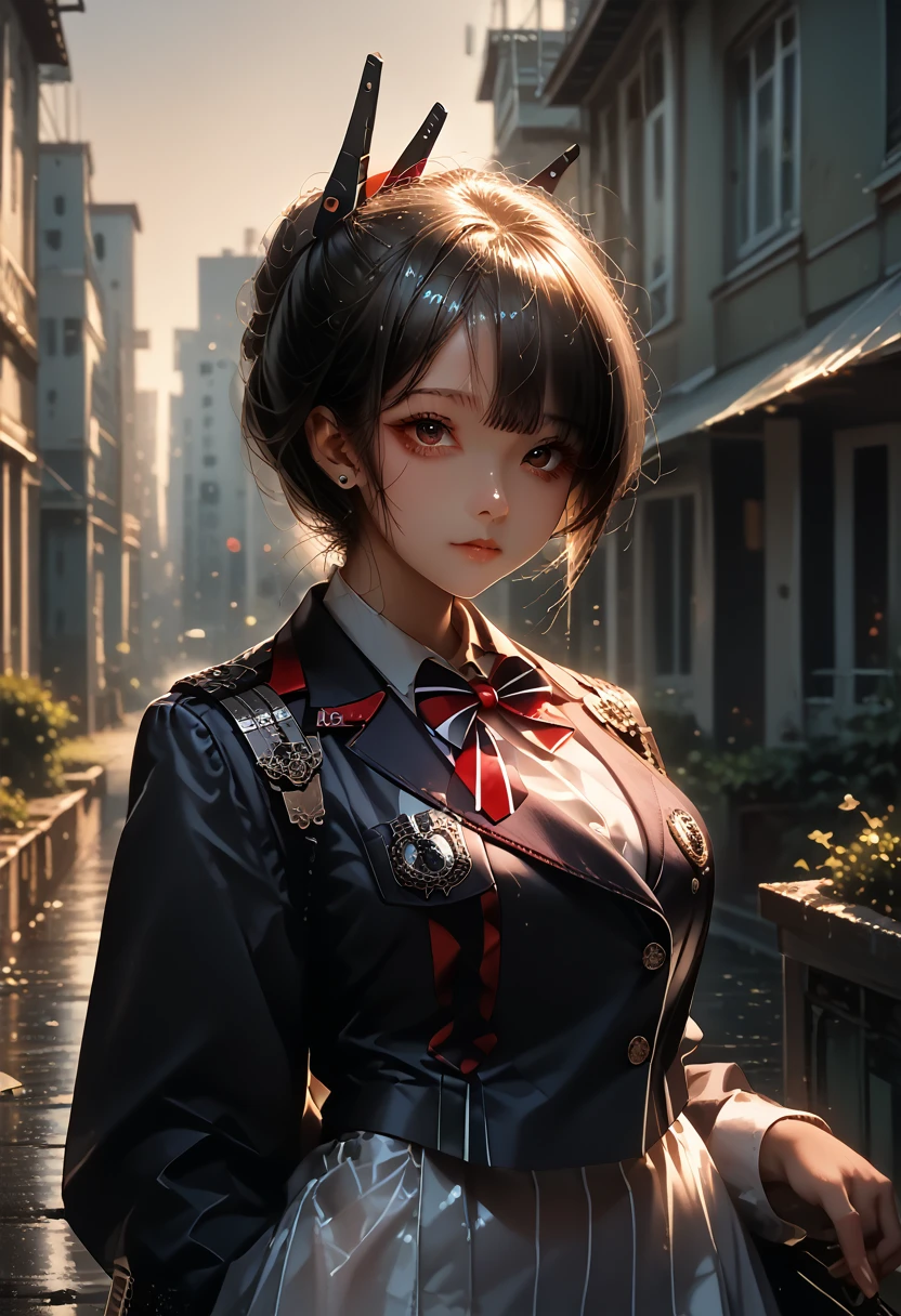 side(Azure Lane),(source),school_uniform,1 girl,One,outdoors, looks at the viewer,, ,masterpiece, best quality, ultra-detailed, illustration,