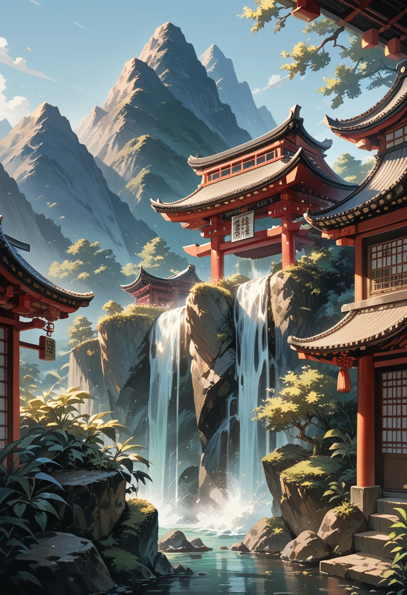 2. View of the mountains with a waterfall and a pagoda in the middle, Han Gang&#39;s drawn scene, CG Society Competition Winner, fantasy art, fairy tale chinese town, Chinese landscape, chinese fantasy, from trees and a fantastic valley, View of the ancient city, order Impressive fantasy landscapethe most epic landscape, Pagoda on the Hill, mountain jungle environment, , Chinese village.