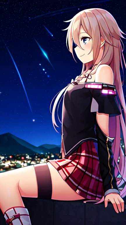 masterpiece, best quality, 8K, perfect anatomy, one girl, IA, VOCALOID, beautiful girl, off shoulder, close to girl, cowboy shot, red and white plaid skirt, model-like style, black stocking, night sky, starry sky, mysterious girl, girl focus, smile at me, chorus, naive, sitting, from side