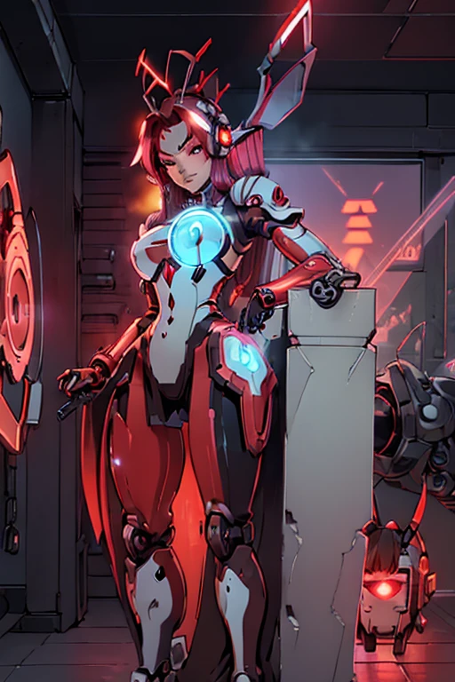 girl 1、highest quality、masterpiece、超A high resolution、Arad woman in futuristic suit with red mechanical wings and sword, A girl wearing mechanical cyber armor that shines red.., Cyberpunk Anime Girl Mecha, Anime robots and organic matter mix together, mechanized red valkyrie girl, perfect anime cyborg woman, cute cyborg girl, female mecha, A simple futuristic cyborg, beautiful girl cyborg, beautiful robot character design,((Super realistic details))， Realistic character art rendering 8K, anime robot、(red glowing eyes)、have a sword、((mai shiranui))、long and high ponytail、((mechanical dress:1.3))、((attack posture:1.6))、(((mechanical headgear:1.3)))、(((Cyber Headphones:1.5)))、4K、(((highest quality)))、(((mechanical headgear:1.3)))、(((very well-groomed face:1.3)))、(((No expression)))、(((cyber headphones:1.3)))、(((long ear antenna:1.6)))、(((Anime related)))、(((Eyes of the machine glowing red:1.3)))