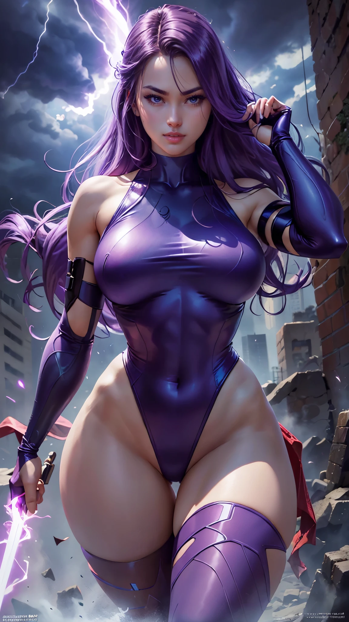 Psylocke da Marvel,(best qualityer,4K,8k,high resolution,work of art:1.2)(weather: cloudy), new york background, city ruins, wide hips, long curly hair, purple hair, sleeveless leotard, arm long fingerless gloves, long red belt, thigh high stockings, hugh heels, light makeup, fighting stance, ultra detailed,portrait,realistic,beautiful detailed blue eyes, beautiful detailed lips,extremely detailed eye and face, long eyelashes,average, large breasts,flying hair,beaming smile, sexy smile,powerful girl in combat, bright coloured, dramatic lighting, purple lightning,