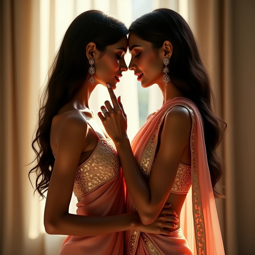 Imagine Two very hot and sexy skinny lean Indian female super models wearing rose gold saree standing face to face with eachother and licking each other fingers 