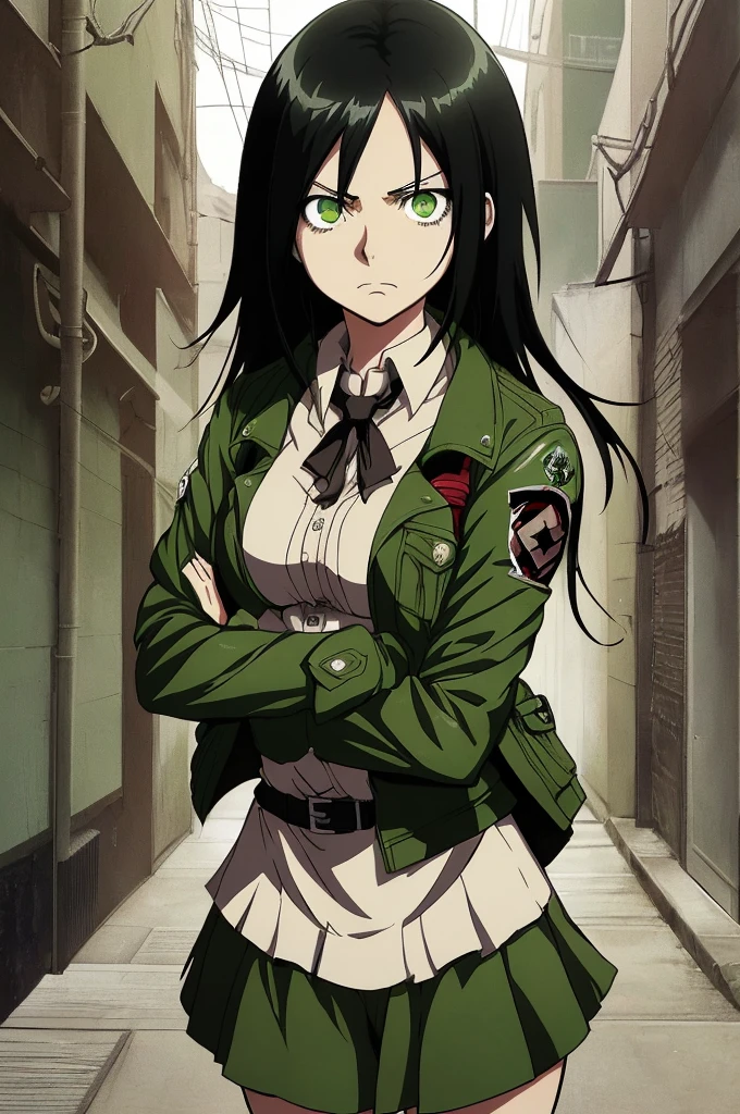 ((masterpiece, highest quality)), (solo focus), (perfect face:1.1), (high detail:1.1),dramatic, 1girl, (pale skin), Green eyes: 1.5, solo, long black hair, Hair over one eye), detailed background, Green clothes, earthbender, Mei from Naruto, (Abs:1.2), sfw,