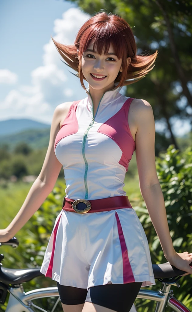 masterpiece, best quality, highres,
Annadef, 1girl, solo, multicolored hair, two-tone hair, hair ornament, yellow eyes, short hair, pink hair, red hair, orange hair, large breasts, breasts, smile, 
shorts, sleeveless, belt, black shorts, bike shorts, cameltoe,
forest, sunlight, cloudy, waving, laughing, blush, cowboy shot, looking at viewer,