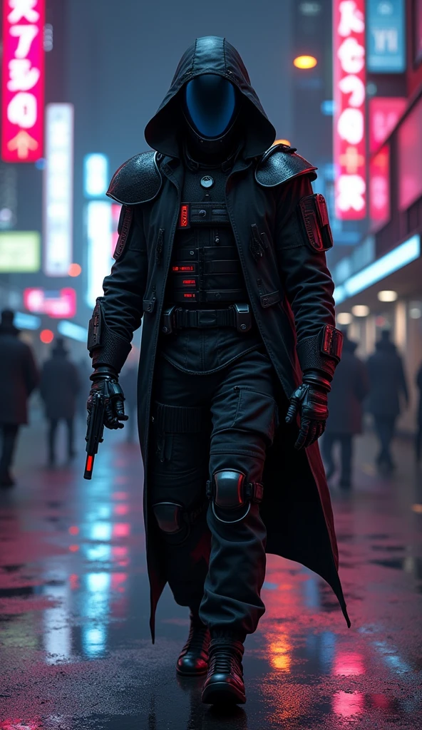 Full-body shot, 3D masterpiece rendering of a futuristic cyberpunk enforcer in a worn asymmetric black hoodie and armor, heavily inspired by Daft Punk. The scene is set in a dark street lit by neon billboards and streetlights. The mecha exo-suit reveals intricate details of mechanical limbs and tactical gear. The robot is holding a futuristic energy weapon with vibrant neon glows, red and blue accents highlighting his advanced black helmet. Cinematic dark synthwave atmosphere, photorealistic reflections on wet pavements, sharp, vibrant colors, dynamic shadows, realistic lights, and high-tech neon cityscape backdrop.