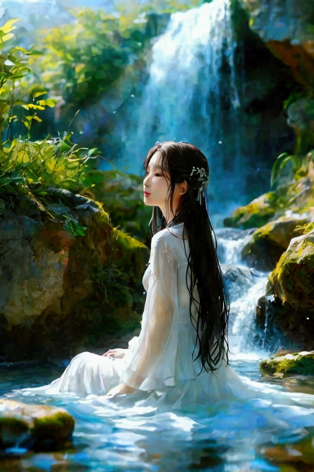 
"A beautiful Korea woman with fair skin, wearing a white dress, relaxing in the water near a waterfall. She is immersed in a serene natural setting, surrounded by lush greenery. The atmosphere is calm and inviting, with an alluring sense of peace and harmony in the midst of the stunning landscape."

