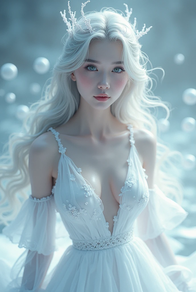 White Background、Professional Lighting、(((Professional Lighting 1.5)))、Translucent skin texture、Clear Skin、Beautiful Skin、、Off the shoulder、White Dress、See-through、Ecstasy of Musical Notes、(((Sex appeal 1.3)))、(((Mature Female 1.5)))、Silver Hair、