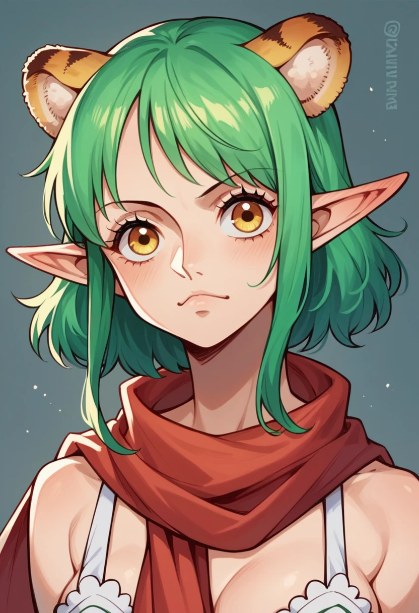 Solo female, girl, cute, bright green hair, yellow eyes, tiger ears, Elf ears, one piece, Red scarf