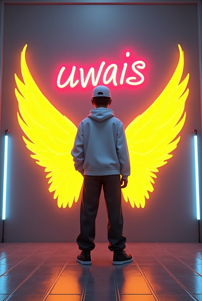 In this striking and futuristic scene, a mysterious individual stands confidently in front of a mesmerizing neon wall. The individual’s casual attire – a white sweater, white cap, black pants, and black shoes – contrasts with the vibrant neon wings in indian flag color, symmetrically placed on either side of the figure. The bold big red neon quote “Nishant” adds an inspiring touch to the composition. The floor, made of tiles, reflects the grayish hue of the wall