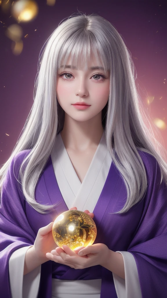 (masterpiece, Highest quality, 1 female, alone, Exquisite detail, chromatic aberration), (Realistic), (skin), ((breathe)), (Silver Hair, Blunt bangs, short straight long hair, Short bangs, Silver Hair), Beautiful Hair, Red headdress, Blue Highlights, Hair on one eye, Cute eyes, Purple eyes, Thick lips, Earrings, Sharp Eye, ((Gold and white kimono)), ((Symmetrical eyes)), ((Perfectly symmetrical body)), ((Perfectly symmetrical hands)), (PurerosFace_v1:0.3), night, ((Own, Natural light))), Bright lighting, Flowers Blooming in the background, In front of the audience, ((Central Shot, from the front, (Face and shoulders))), Mysterious atmosphere, Flowers Blooming around, Light color background, fortune teller in kimono, beautiful fortune teller, fortune teller, fantasy female fortune teller, female fortune teller, f Fantasy Photography, magician, witch fairytale, Japanese style, Elegant cinematic fantasy art, Fantasy Woman, magicianの肖像画, Casting a Spell, fortune teller, A powerful wizard creates a mystical colorful flower々standing between, Fluttering robes decorated with symbols, Holding a glowing heart crystal ball, Eyes glowing with mystical energy, The spell that escapes from his mouth, Vibrant swirls of black magic appear in the air, pulsating with rainbow hues., The magic permeates, Flowers Bloom, Sacred creatures gaze upon with awe, Threads of magical energy dance, Uncover hidden areas, Uncovering the secrets, Capture the essence of this enchanting moment、Highest qualityのキャンバスに魔術の神秘的な力を生き生きと表現しています。. Highest quality, masterpiece, Ultra High resolution, (PhotoRealistic: 1.4), RAW Photos, Sharp focus, High resolution, 詳細なskin.