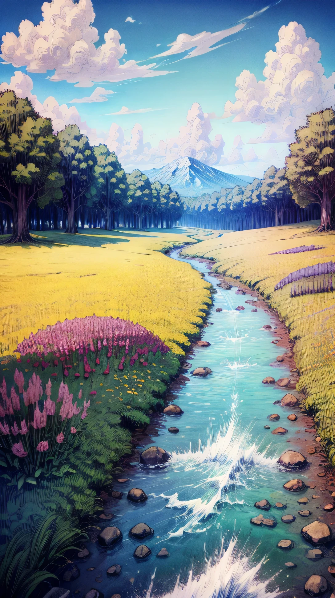  A lively meadow bursting with colorful wildflowers swaying gently under a clear, vibrant blue sky. In the foreground, a sparkling stream flows peacefully, reflecting the bold colors of the flowers and the fluffy white clouds above.