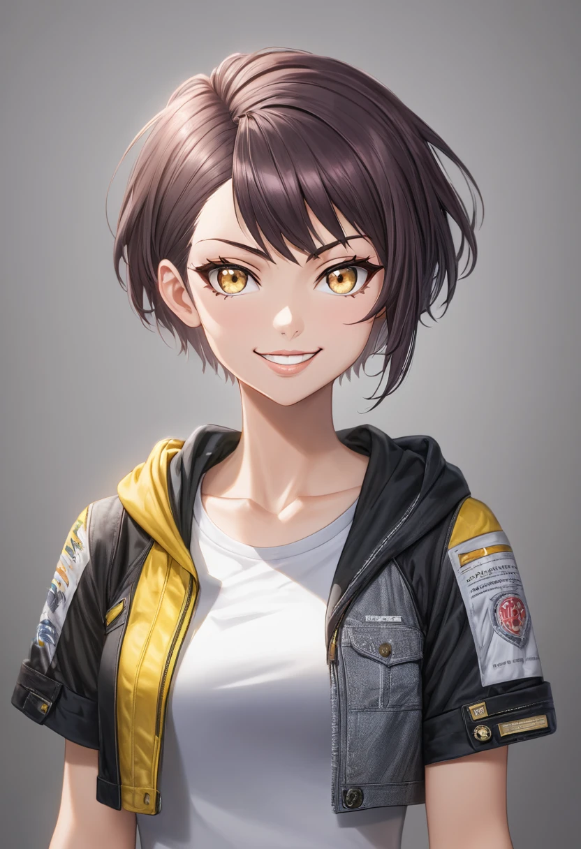 (detailed face, incredibly absurdres, smooth, 8k wallapaper, top crop masterpiece, white background, upper body, looking at viewer, hyper extreme detailed:1.2), 1girl, solo, teenager, yellow eyes, golden eyes, fingerless gloves, white casual clothes, modern clothes, white shirt, short sleeves, open hoodie, exusiai, short hair, punk, smirk, cocky:1.22, sexy pose,reina