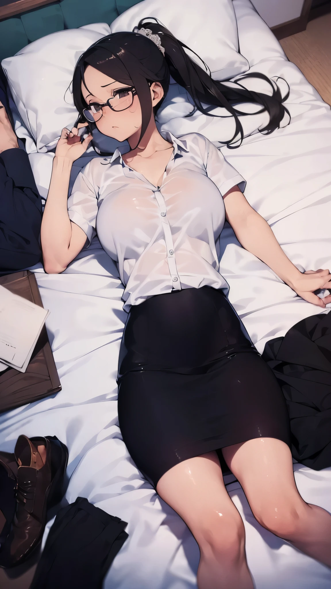 ((NSFW)), a Korean girl，Being in a hotel，(lying on back on bed:1.4)，(Open your legs:1.4)，(Legs lifted by a man、Placed on the shoulder:1.5)，(Being stroked in the crotch of a man:1.7)，(top-down view)，
（（（tmasterpiece）））， （（best qualtiy））， （（intricate detailes））， （（Ultra-realistic realism））， Ridiculous resolution， A MILF， Mature Woman， see -through， ighly detailed， illustratio， 1girll， （（Large breasts））， perfect hand， Detailed finger， Beautiful detailed eyes， wavy curly hair， with brown eye， Name badge， vd， （Korean School Uniform：1.2）， school blazer， School Shirts， skirt by the， Long School Tie， 耳Nipple Ring， detailedbackground， Bedrooms， perfect  eyes， mesmerizing eyes，cocked ass，Reddened face，(weeping:1.2)，confused eyes, Panting face with closed eyes、Face screaming sad voice、Ecstatic face、cum faced、(insertion)、SEX、ssex、have sex、Sweat、Applying semen、a large amount of semen、(intravaginal ejaculation)、Intense Sex、Insert vigorously