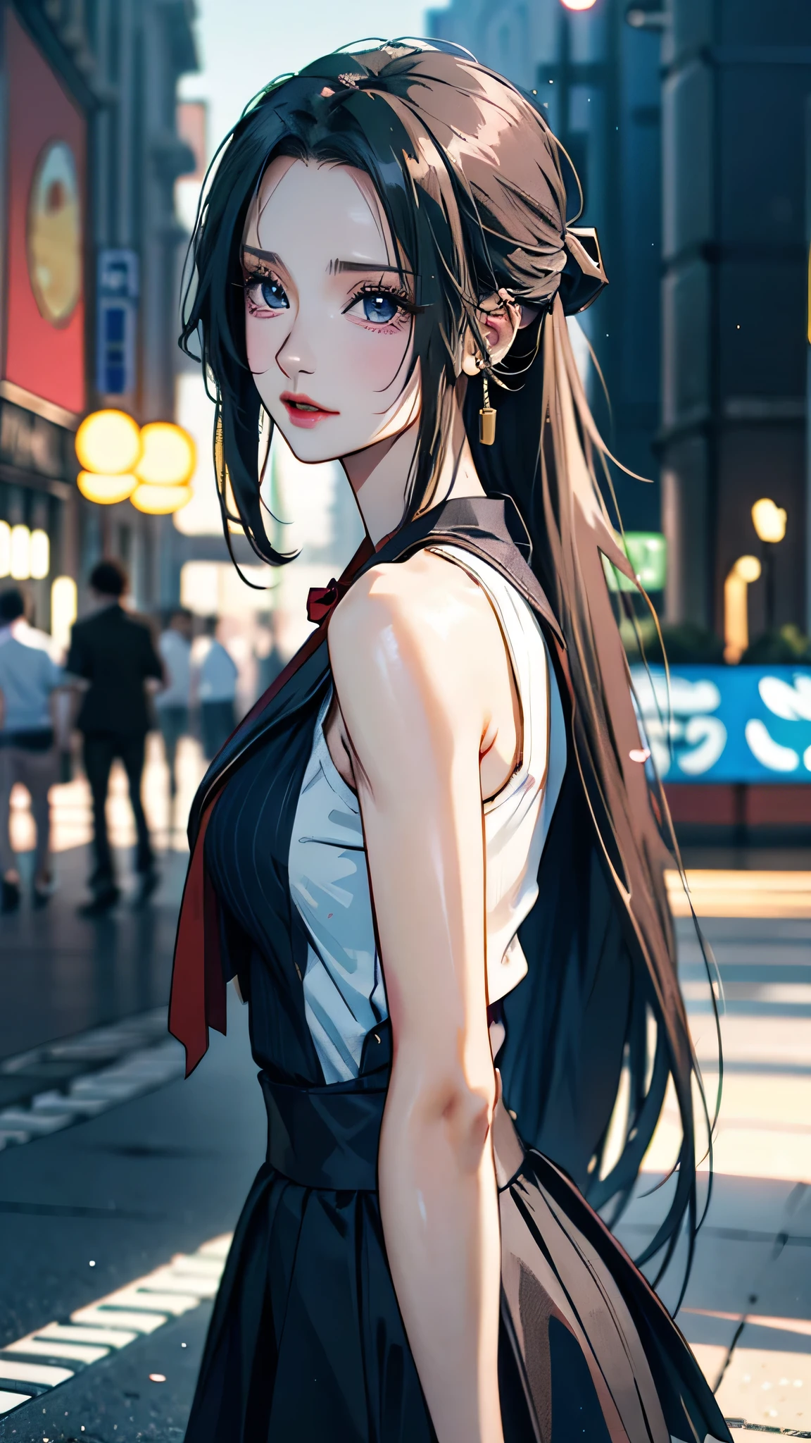 Upper body, close up, anime, anime cg, 1 girl, blackberry hair, long ponytail,solo, looking at viewers, open shoulder, school uniform, street view, short skirt, (very detailed background:1.0), (highly detailed background:1.0),