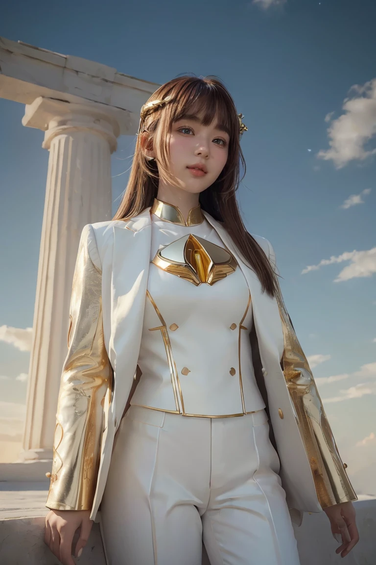 ((masterpiece, best quality, Extremely detailed), Volumetric Lighting, Ambient Occlusion, rich and colorful, Luminescence), 1 Girl, Solitary, Young Girls, (Chestnut bangs), Long hair, Halo, Halo, sacred, goddess, Priesthood, (White suit with gold details:1.3), armor, outdoor, Sunset, Sky, cloud, space, (Fantasy theme:1.2),