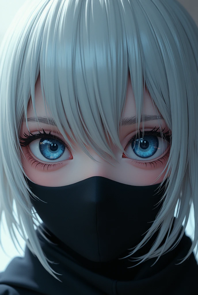 girl with blond straight hair and a black face mask in a black jacket with green eyes
