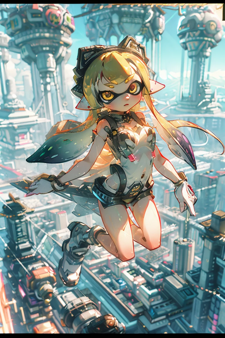 (Very detailed, masterpiece:1.2), Very detailedアートワーク, Highest quality, High resolution, Surreal:1.37, ((splatoon girl, Golden glowing eyes、length, Prism Gradient Tentacle Hair))、Beautiful Face、Big Breasts、Cleavage、Detailed facial depictiotomically correct body、(A breathtaking leap, Cityscape in the background)、Real Anime、3d、