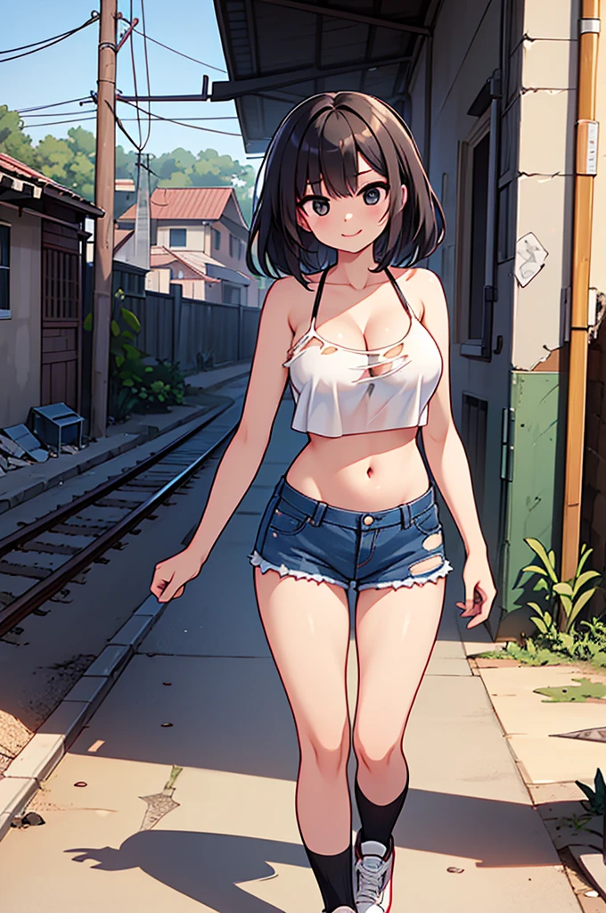 1girl,adorable_girl,bishoujo,teen,(dark brown_skin),skinny,slender,petite,black hair,straight_hair,makeup,black eyes,bare shoulders,collarbonea,big breasts,cleavage,Underboob,narrow_waist,slender_waist,navel,midriff,belly,Tube_top,wet_shirt,side_slit,hot_pants,denim_shorts,open_fly,torn_pants,torn_shorts,bare_legs,sneakers,smile,huge filesize,bust,in summer,day,sun,savanna,oasis,on a desert,city,building,railway,rubble_ruins,shanty town/slum,avenue,full_shot,wide_shot,panorama,midriff_peek,pussy_peek,looking_at_viewer,(Umbilical hernia)