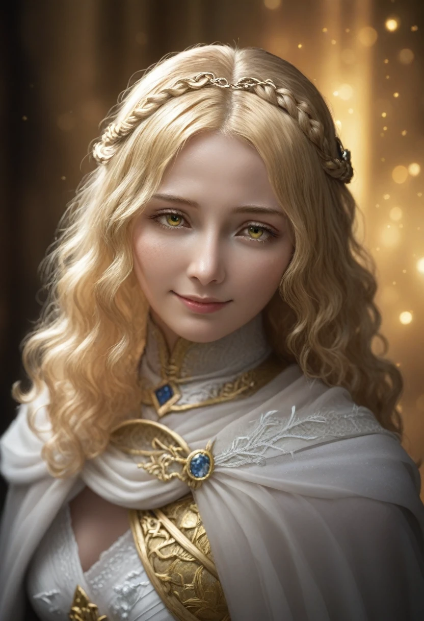 close up of head, front-camera, realistic digital painting portrait of a woman, 3r1nm0r1art72, sweet smile, (wavy hair:1.1), (blonde hair:1.3), magic yellow universe, white magical cloth armor with yellow engraving in intricate details, (Abstract, background:1.2), (light particle:1.1), (very detailed skin:1.2), (game concept:1.3), (Elden Ring Style:1.3), (mysterious style:0.8), (depth of field:1.3), global illumination, art hoang lap and fuji hoko and artgerm and greg rutkowski and viktoria gavrilenko 