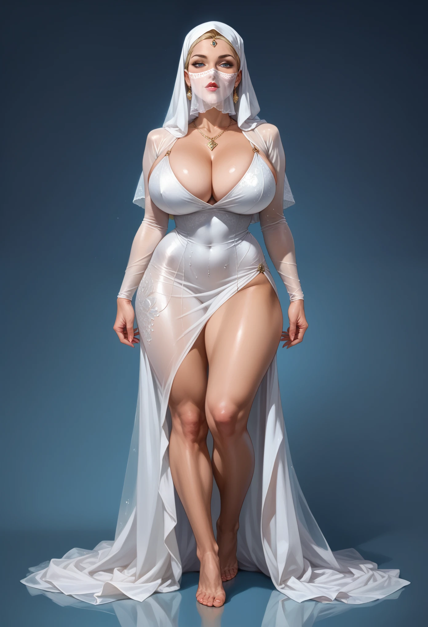 a woman in the translucent silk red gown, tight full body tied, satin sheet, nipple on with nipple piercing, wearing translucent veils, faceless, face cover with satin veil, satin hijab, full body, long satin,mermaid tight long gown, flowy dramatic long gown, tall women, satin bed, strugle to walk, wear high heels, satin bed, masterpice
