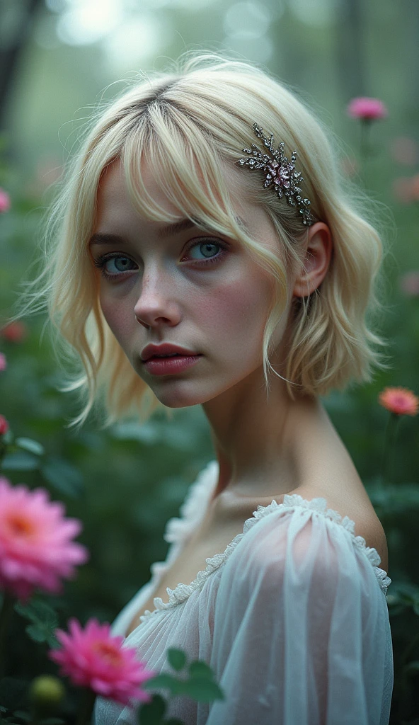 Coquettish chest up，Purse your lips，Pupil flickering，Shyness and drunkenness，Plant tattoos，oversized boobs，Pink ，afofuturism，photorealisti，god light，Chest table，One-person perspective，1080P，high detal，Skin texture。