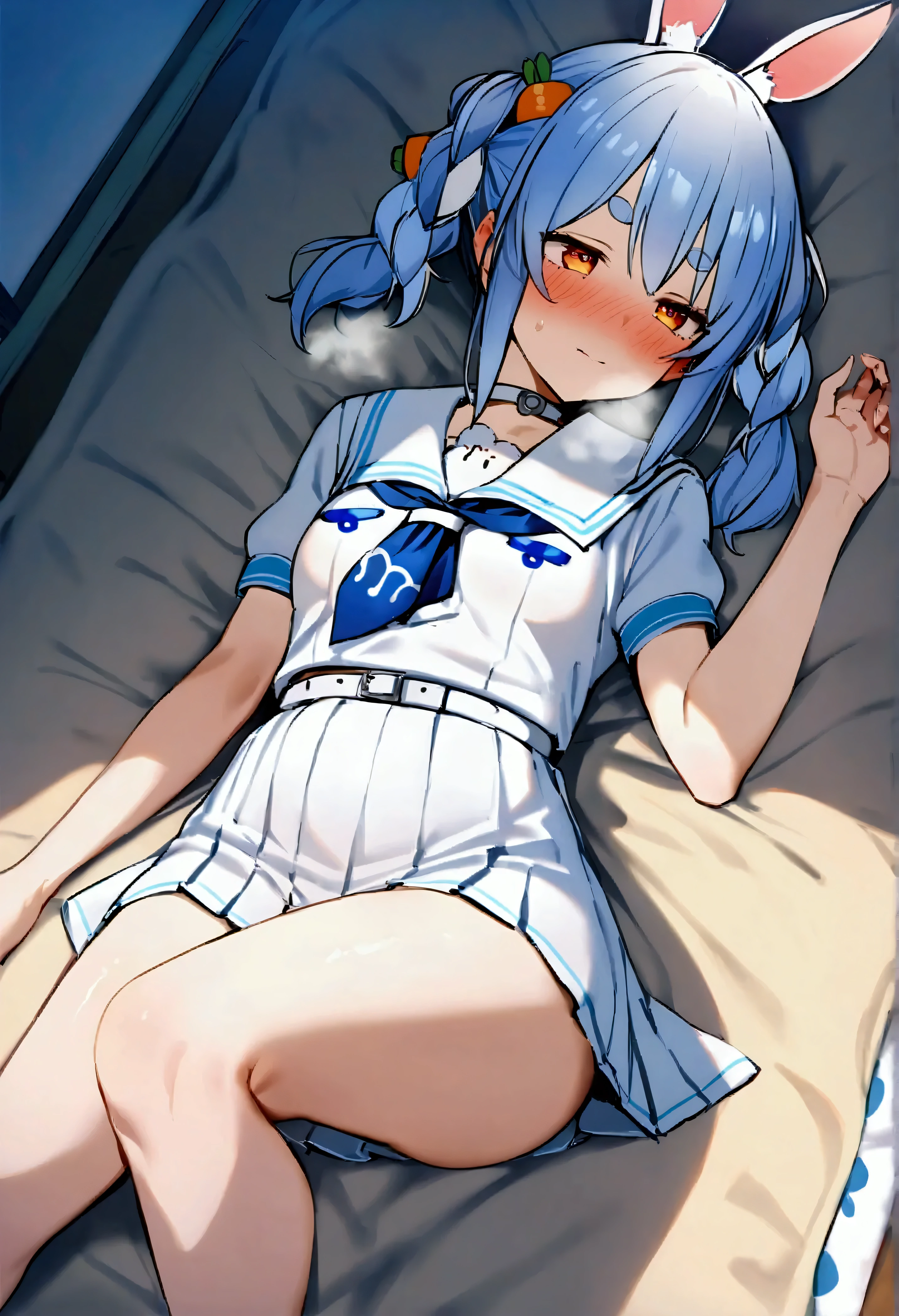 NSFW,masterpiece,Best Quality,High resolution,Very detailed,One girl,Usada Pekora\(Ho****ve\),Orange Eyes、Thick eyebrows、Bunny ears、Blue Hair、Short Hair、Two Side Up、Hair Clip、White choker、Sailor suit、Short dress、Short sleeve、Blue neckerchief、White belt,School,sports warehouse,mat,Small room,Dimly lit room,I&#39;m nervous,Embarrassed,blush,Lustful face,Heavy breathing,In heat,My body is burning hot,Lying down,Lying on your back,Spread your legs,Turn face to the side,Looking to the side,Look to the side,Moist eyes,From above