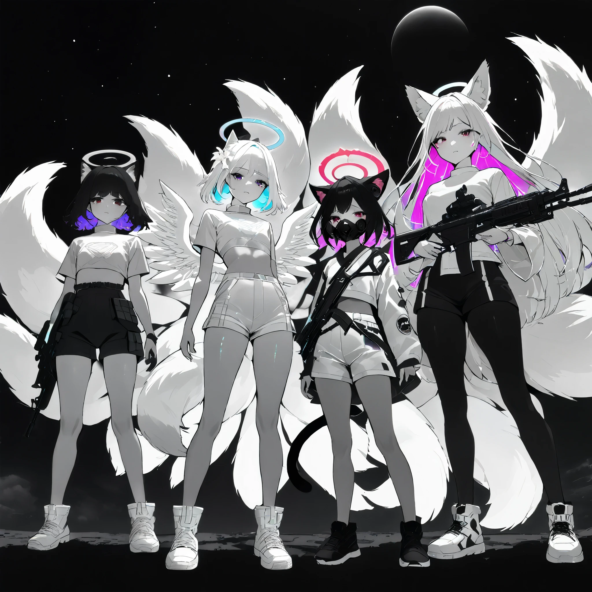 4girls, full body, cosmic sky, on the hill, black hole in the background,
(Cat girl, white monochrome body, tactical outfit, white monochrome boots, monochrome white outfit detailing, tight outfit, holding a rifle, curious face, red eyes, looking at viewer, black monochrome outfit, pink glowing hair, colored inner hair, cosmic inner hair coloring, cat ears, two cat tails, medium hair, medium chest, red halo,)
(Wolf girl, black monochrome body, monochrome white bra, monochrome white panties, cyan glowing hair, colored inner hair, cosmic inner hair coloring, long hair, no other clothes, no boots, medium wolf tail, small chest, stressed face, looking at viewer, large wings, angelic wings, wings closed behind the back, monochrome white wings, white eyes, Hair Flower, gas mask, blue halo,)
(Girl, black monochrome body, white monochrome t-shirt, white monochrome short shorts, white monochrome cap, purple eyes, fake fox ears, sad face, white sneakers, purple glowing hair, colored inner hair, cosmic inner hair coloring, short hair, looking at viewer, purple halo,)
(Fox girl, white monochrome body, large ponytail, cosmic colored hair, colored inner hair, cosmic inner hair coloring, cosmic colored kimono with white monochrome details, cosmic colored hair, nine fox tails, large tails, cosmic colored tails, cosmic colored fox mask, fox mask covering the face, very large wings, cosmic colored wings, looking at viewer, white monochrome halo,) 