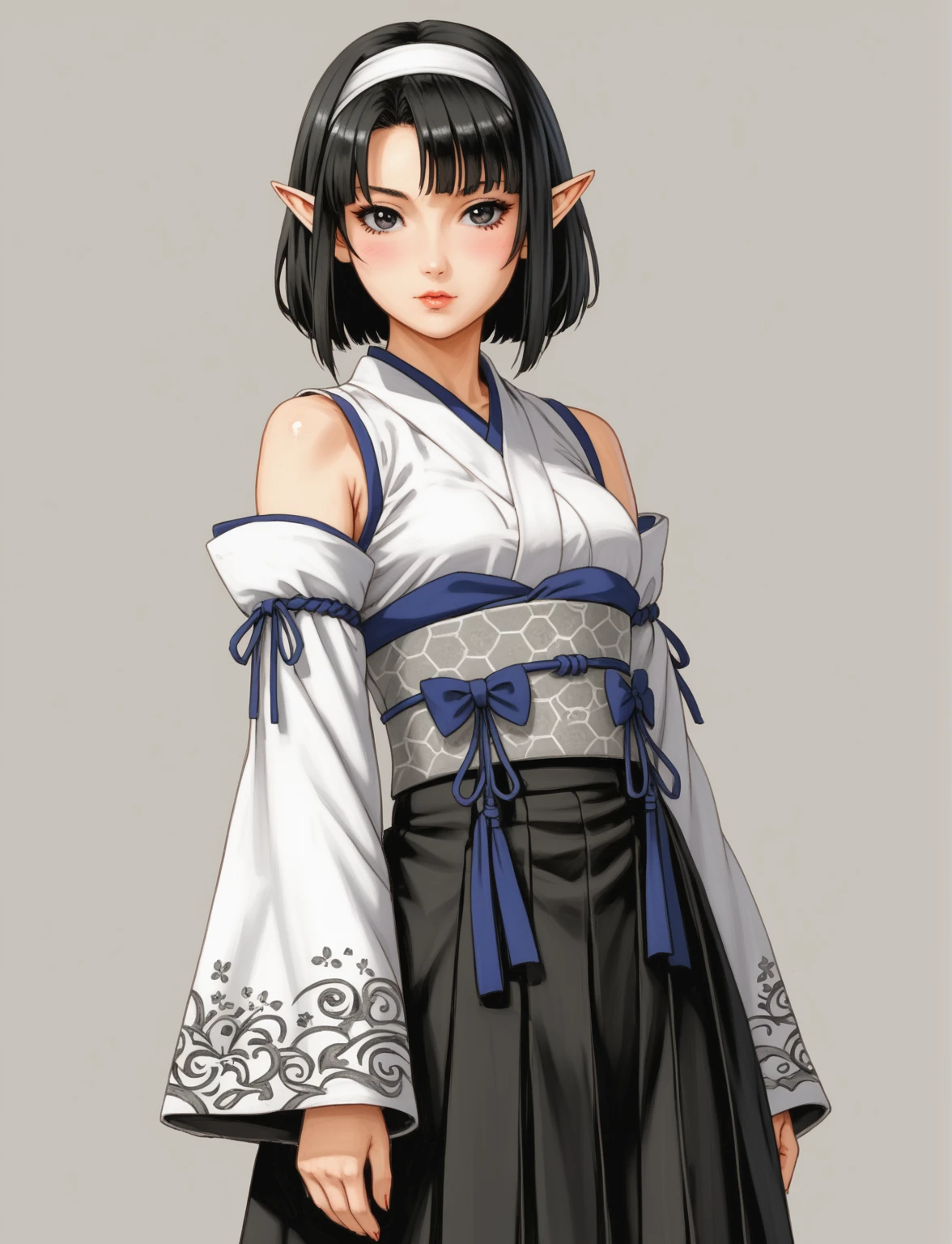 Full body shot of an anime character wearing short black and white hakamas, two ribbons {one at each side of her hairband}, white obi with black and white seigaiha pattern, girl with elf ears, a beautiful young girl with long black hair tied up in one single bun centered on top of her head, asymmetrical chopped bangs sideswept to the right, white hairband with ribbons on both sides of her head, a lock of hair falling in front of the right side of her face. Full shot of an anime character wearing short black and white hakamas, two ribbons {one at each side of her hairband}, white obi with black and white seigaiha pattern, create a digital illustration of full body of a female character with almond-shaped black eyes, elf ears, and round dots instead of eyebrows. For the hairstyle, she should have black hair styled into a single bun at the back of her head, complemented by asymmetrically chopped bangs that transition into a long lock on one side. Her outfit should match short hakama with detached sleeves and frills under the shorts and the sleeves, in a gothic style, featuring intricate white lace patterns, detailed cutouts, and a white obi with a black seigaiha black pattern. The upper part of the outfit should be a kimono blouse with detached sleeves. The outfit should include layered skirts and ribbon details to emphasize a similar aesthetic. Add a muted background that complements her striking attire and hairstyle. Artwork in the style of guweiz, digital art inspired by the style of Ilya Kuvshinov, 8k, high resolution, HDR, vivid colors, dramatic light detailed anime art, 8k, high resolution, dramatic lighting, artwork in the style of guweiz, detailed portrait of anime girl, beautiful anime full body shot, anime realism style, anime style full body shot, anime style, realistic anime art style, digital art ilya kuvshinov, realistic anime artstyle, ilya kuvshinov. Full body shot anime girl, girl wearing black hakama with detached sleeves.