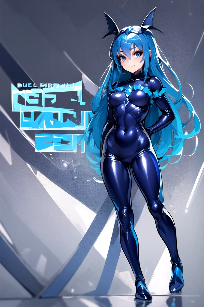 1 girl, bad_end_Pretty Cure, bad_end_beauty, Blue Hair, Blue Eyes, Ruffled Bodysuit, Blue Gemstone，Full body suit，Smile, 