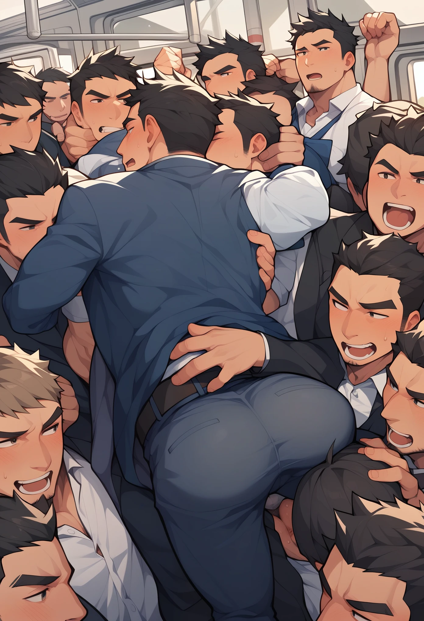 Please describe the scene of a crowded train in Japan.。There were a lot of Japanese men on the train.、A man is held down by other men and forced to have doggy-style anal sex while fully clothed.。The man has short black hair and is slightly hairy.。