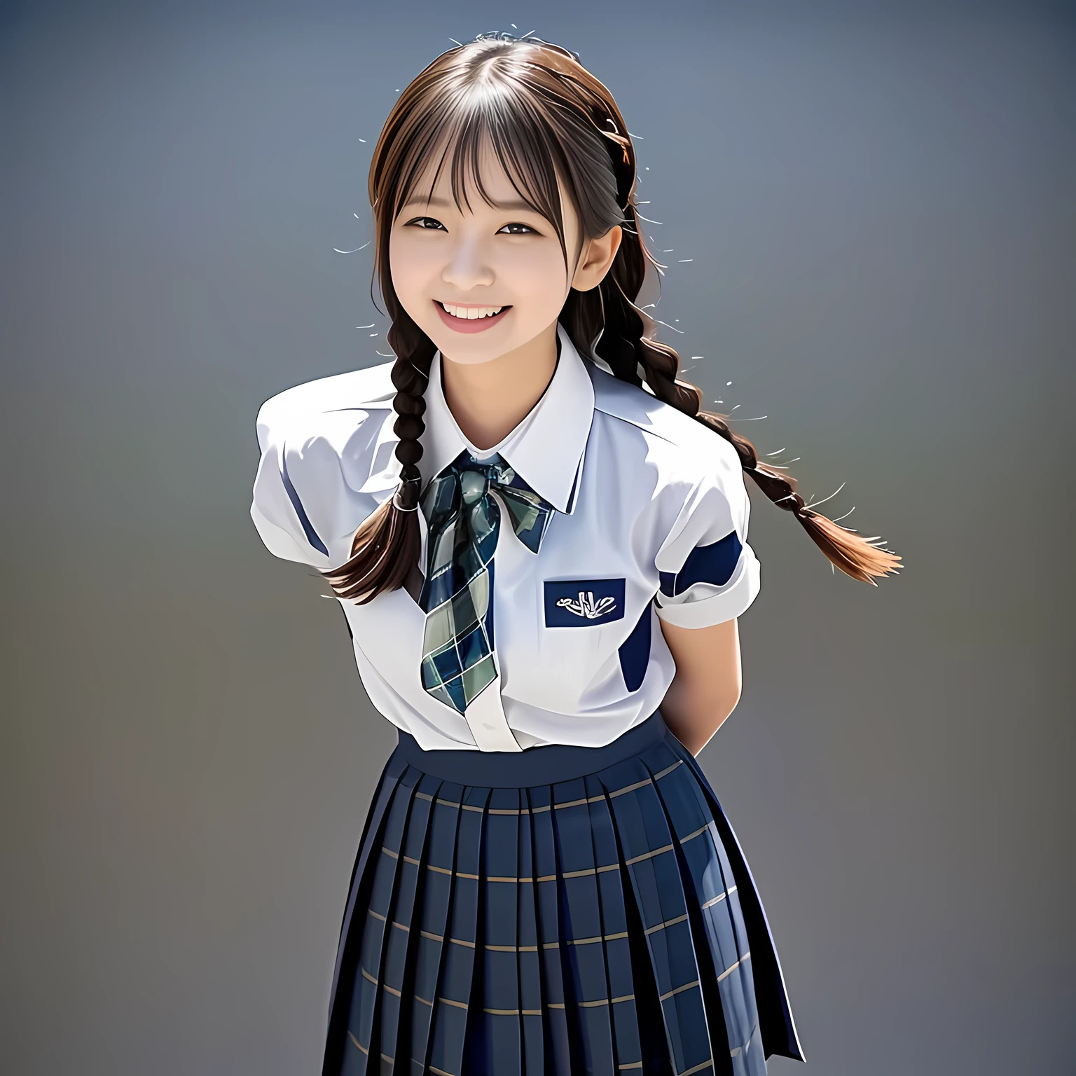 (Highest quality, masterpiece:1.2), Highest quality, High resolution, 1080P, 8k, (A noble, graceful and intelligent kawaii Japanese a-pair-of-braid girl is smiling at me with extreme beatitude, expressing her happiness to me with her kawaii supreme, advertising KANKO school uniform skirt: 1.5), (background is complete black: 1.0), (double-eyelids, completely balanced, brown wet large eyes with detailed beautifully: 1.6), (Drives me crazy for her navy-colored neat tartan checkered blue skirts and make me fall into her navy-colored tartan checkered skirt: 1.8), (Fine white skin that looks like she has never been out of home: 1.6), (Navy colored school blazer, Navy blue pleated school tartan checkered skirt, KANKO school uniform: 1.5), (Plain blue school ribbon on the breast), (Light-Sky-blue background), (Girl whom everyone loves because of her beauty and lovely fashion and noble manner and magic-charm of succubus: 1.0)