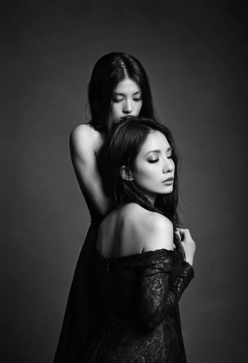 Erotic photograph of twin girls hugging one another, dark surreal incredible details, dark melancholic feel, moody and atmospheric, shot back to back, emotional and enigmatic, stunning black and white photograph, raw, vivid and gritty back to back pose and heads bowed, pensive, melancholy, dark romance, enigmatic pose, deep narrative style, macabre storytelling, beautifully ominous, meditative state, RAW, GRITTY AND ATMOSPHERIC, photojournalistic grainy photos in the style of herb ritts, (fetish monochrome composition by Robert mapplethorpe, Nobuyoshi Araki and Eikoh Hosoe), using Kodak retro Black and White Film stock, gritty and raw style, high contrast, burn the shadows, crisp highlights 