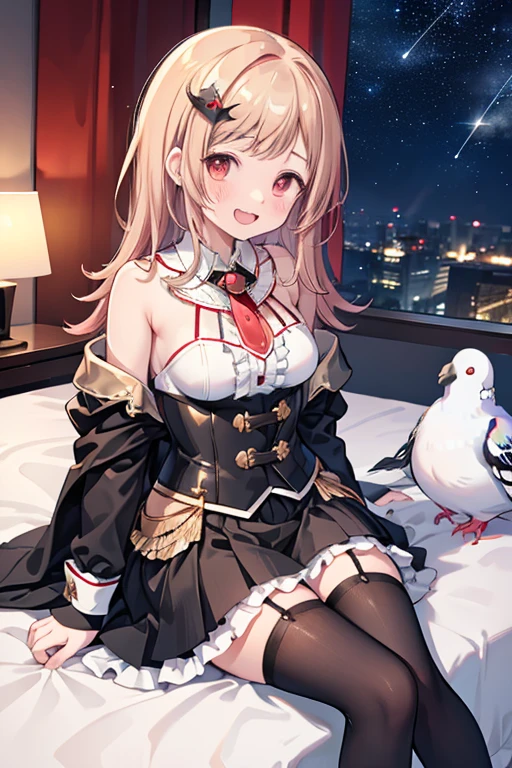 Sakuragi Mano,　vampire, mega breasts,　(Black knee socks),　Garter belt,　Black skirt,　((Starry Sky)),　Absolute territory,　Red eyes,　smile, ((fangs)),　　midnight,　　Princess,　　Fluffy,　Healing,　　Hair accessories,　　Red Cape,　corset,　gold trim, star print,　bedroom, black gloves,　sitting on a bed, frill,　((pigeon)), ((feathers)),　brooch, (hugging a sttuffed bird toy),