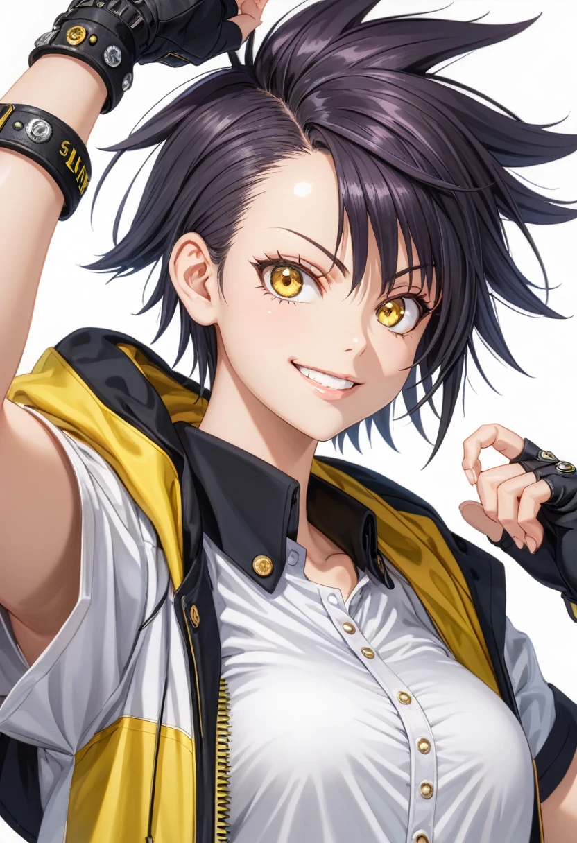 (detailed face, incredibly absurdres, smooth, 8k wallapaper, top crop masterpiece, white background, upper body, looking at viewer, hyper extreme detailed:1.2), 1girl, solo, ager, yellow eyes, golden eyes, fingerless gloves, white casual clothes, modern clothes, white shirt, short sleeves, open hoodie, exusiai, short hair, punk, smirk, cocky:1.22, sexy pose,reina