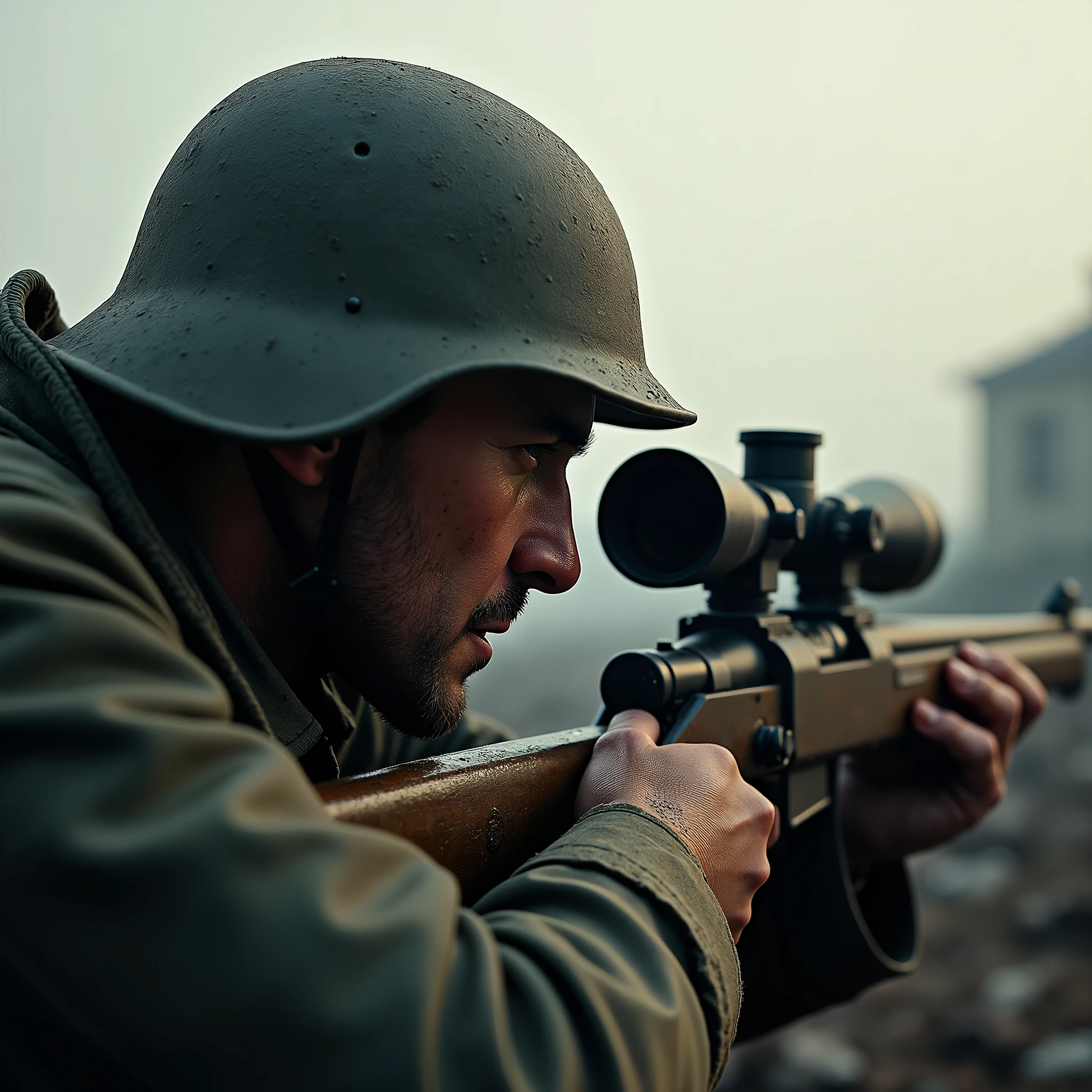 a highly detailed sniper shooting a rifle, extreme close-up, intense expression, sharp focus, realistic military gear, dramatic lighting, cinematic composition, photorealistic, 8k, HDR, intricate details, gritty war zone background, muzzle flash, powerful impact, adrenaline-filled moment, military precision