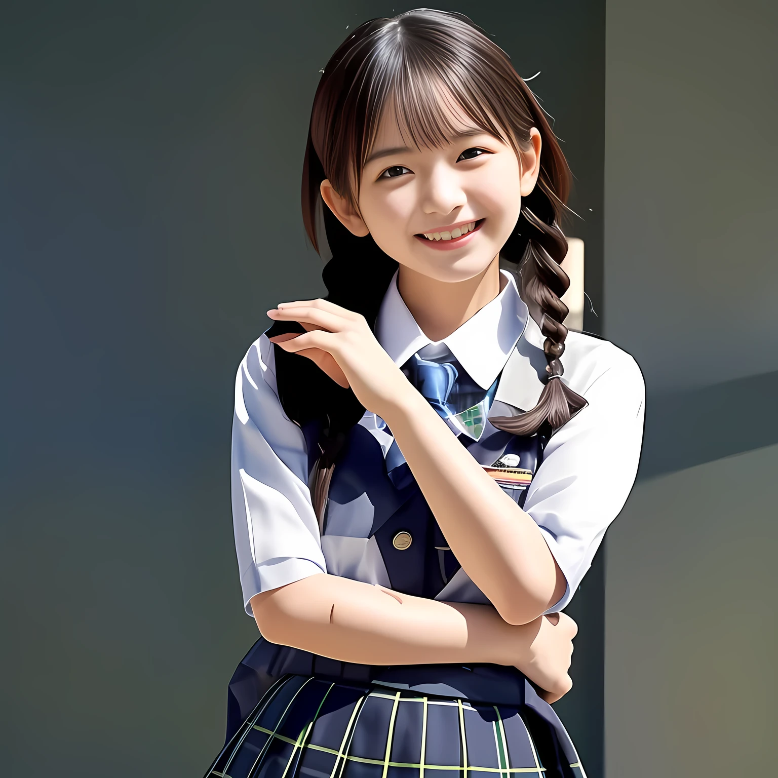 (Highest quality, masterpiece:1.2), Highest quality, High resolution, 1080P, 8k, (A noble, graceful and intelligent kawaii Japanese a-pair-of-braid girl is smiling at me with extreme beatitude, expressing her happiness to me with her kawaii supreme, promoting KANKO school uniform skirt: 1.5), (background is complete black: 1.0), (double-eyelids, completely balanced, brown wet large eyes with detailed beautifully: 1.6), (Drives me crazy for her navy-colored neat tartan checkered blue skirts and make me fall into her navy-colored tartan checkered skirt: 1.8), (Fine white skin that looks like she has never been out of home: 1.6), (Navy colored school blazer, Navy blue pleated school tartan checkered skirt, KANKO school uniform: 1.5), (Plain blue school ribbon on the breast), (Light-Sky-blue background), (Girl whom everyone loves because of her beauty and lovely fashion and noble manner and magic-charm of succubus: 1.0)