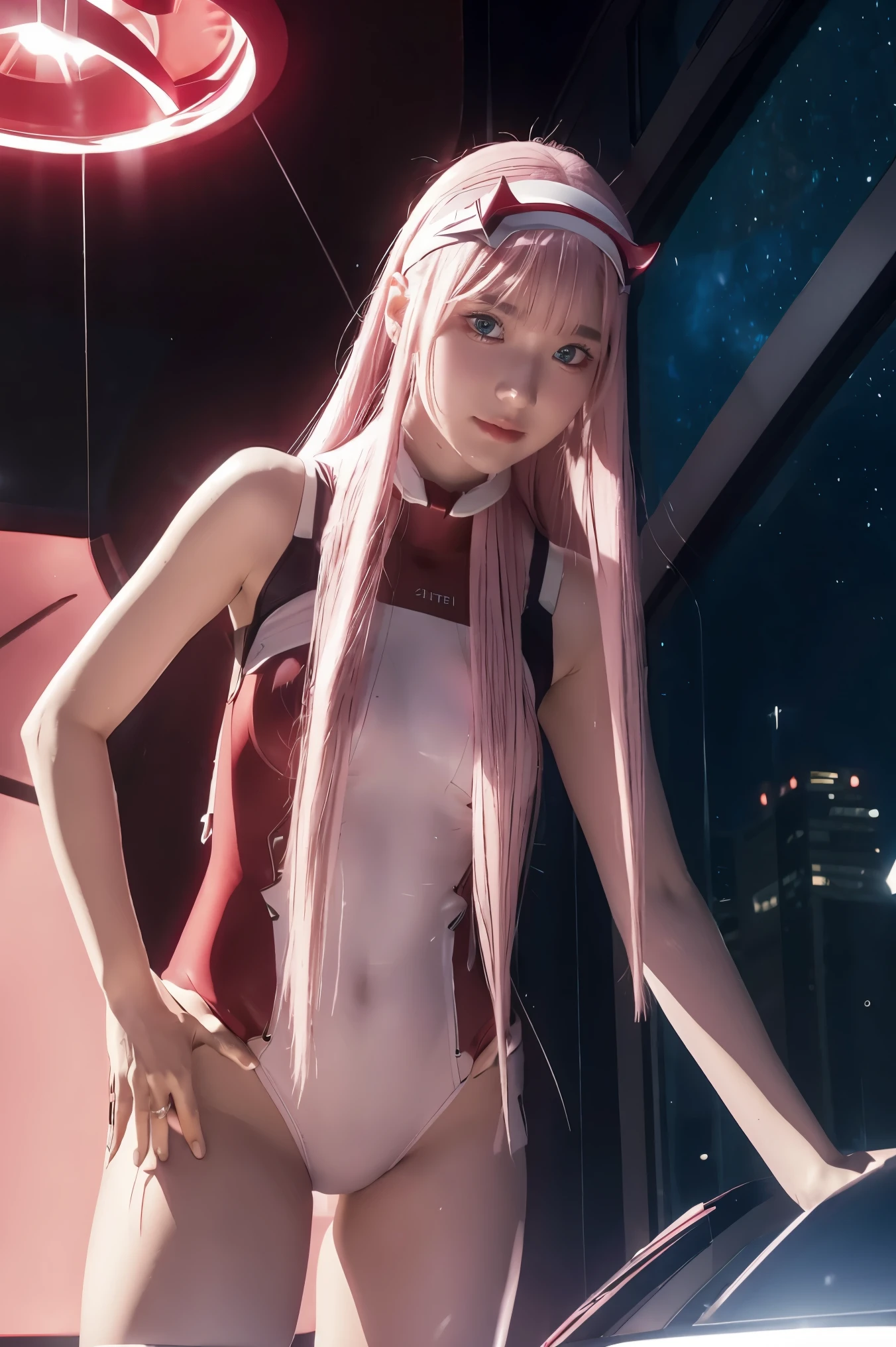 dynamic angle,ultra-detailed, illustration, straight on, 1girl, ((Zero two, interface headband with a pair of horns, red bodysuit:1.4, pink hair)), Her eyes shone like dreamy stars,(glowing eyes:1.233),(beautiful and detailed eyes:1.1),(expressionless, closed mouth),(standing), (mechanic room with tools and spaceship window in a white SPACESHIP), (night:1.2), dreamy, [[delicate fingers and hands:0.55]::0.85],(detail fingers), smirk,