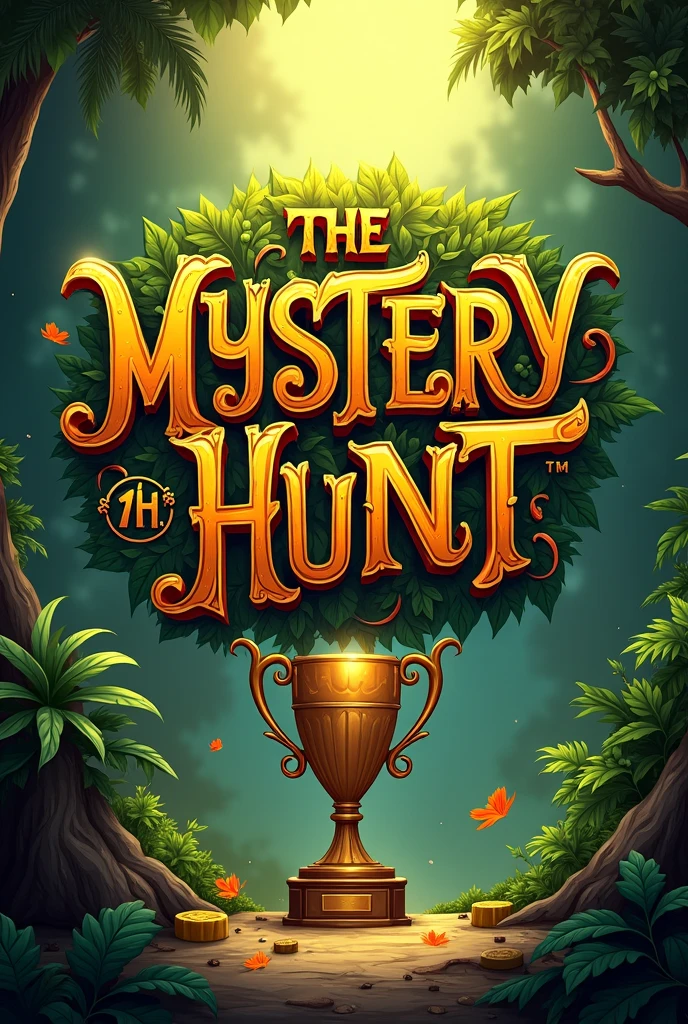 Create logo with the word Forest Hunt in a mystic & fantasy style with glitter flying around. Font should be elegant sharp golden and beautiful with enchanted vibe with ferns sprouting from behind the text