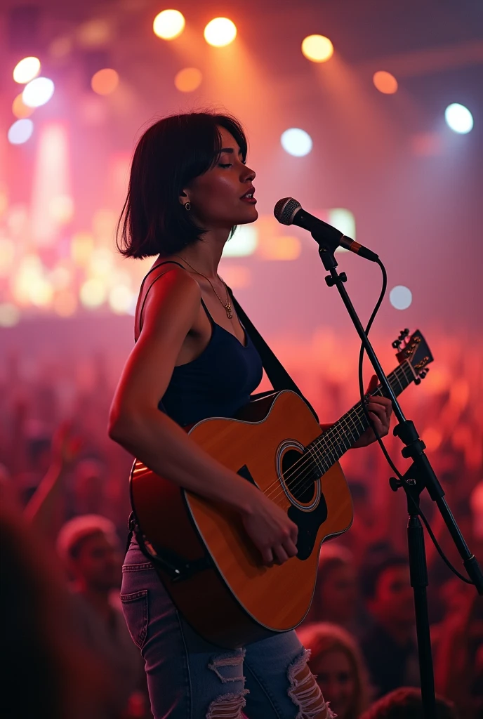 completely naked girl playing guitar,stage at Fuji Rock Festival,shiny skin,realistic nipples